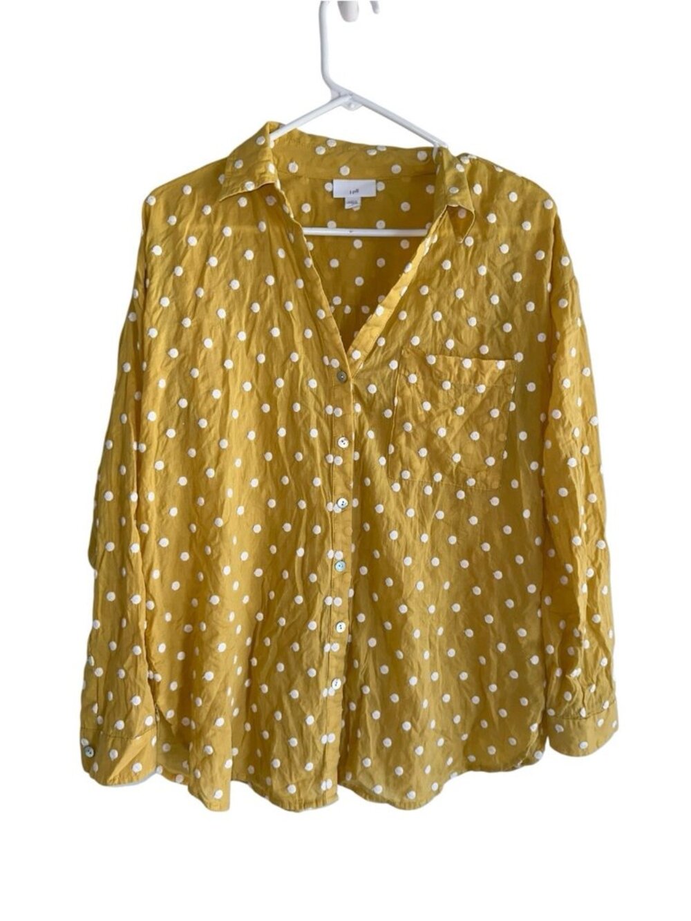 J Jill Top Womens S Yellow Embroidered Dots Button Up Long Sleeve Relaxed Preppy